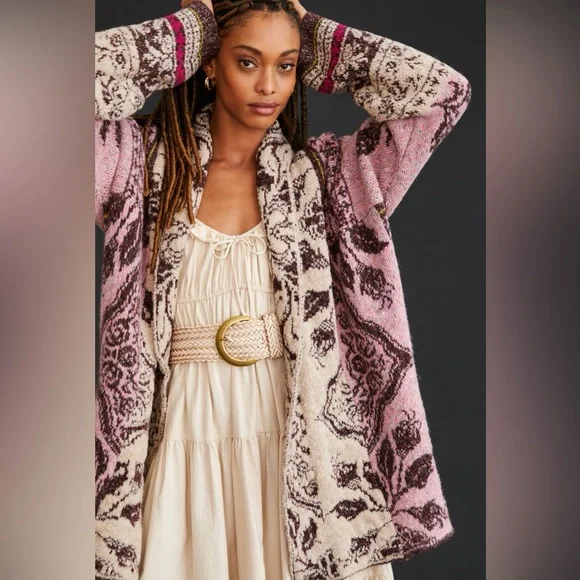 Anthropologie Jacquard Cocoon Cardigan Sweater Pink Cream Floral Bohemian Indie - Picture 2 of 10